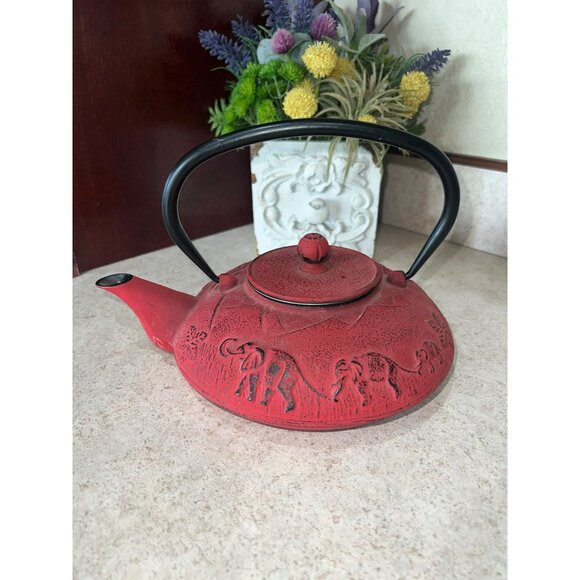 Red Cast Iron Elephant Design Teapot With Lid & Infuser - Unique Collectibl - Picture 2 of 6